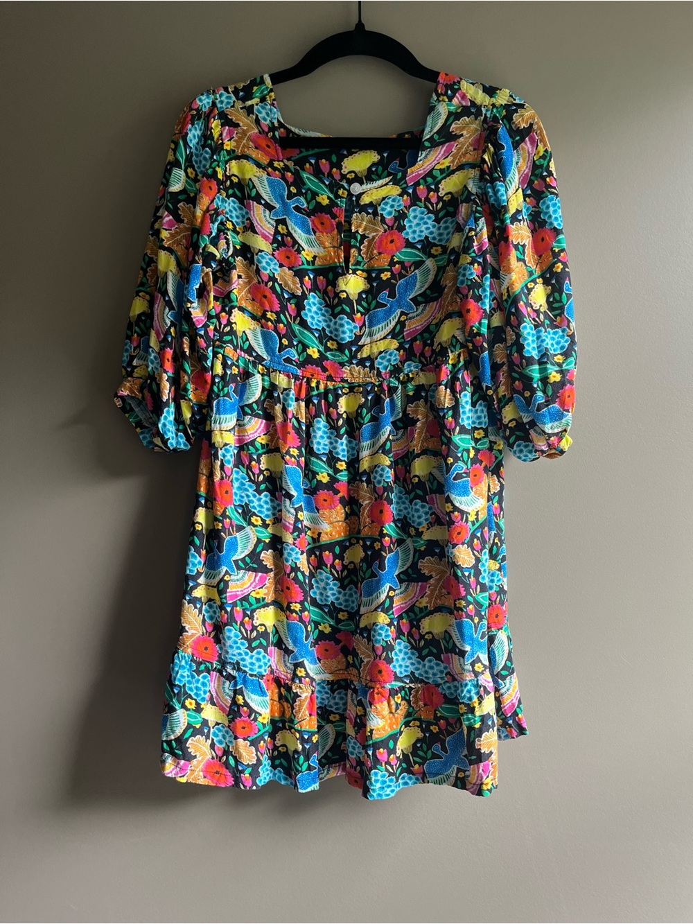 Britton Court Girls' Black Multi Floral Puff-Sleeve Dress 12 large